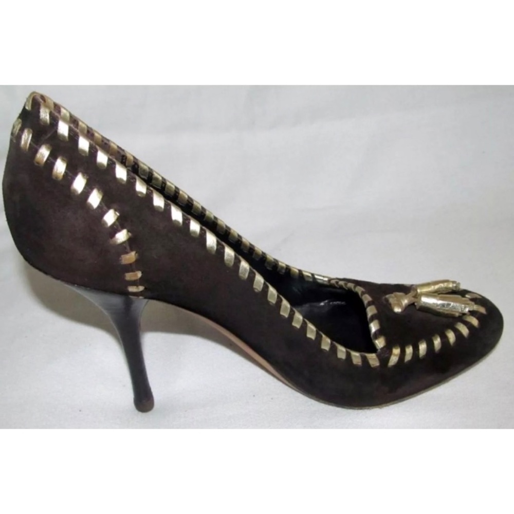 GUCCI Brown Suede Tassel Loafer Gold Stitch Heel Pumps Shoes Womens Size 6B 6 B - Picture 8 of 15